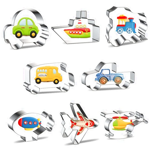 Xzhloym Travel Cookie Cutter Set 8-Piece Transportation and Vehicles Cookie Cutters with Car, Airplane, Train, Bus, Helicopter, Vintage Truck, Airship, Cruise Ship Shapes Biscuit Molds for Kids Baking Party