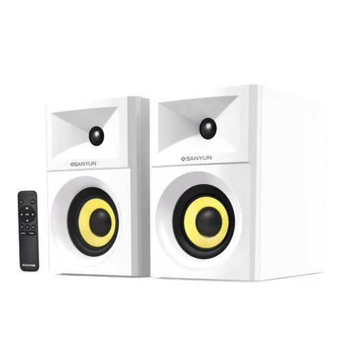Sanyun SW205 4” 80W Powered Bookshelf Speakers - 2.0 Active Near Field Monitors – Enhanced Loudspeaker Structures - Wireless Remote Control - Wooden Enclosure - White