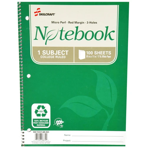 SKILCRAFT 7530-01-600-2025 100 Percent Recycled PCW Single-Subject Spiral Notebook, 8-1/2 x 11 Inch, 100 Sheets (Pack of 3)