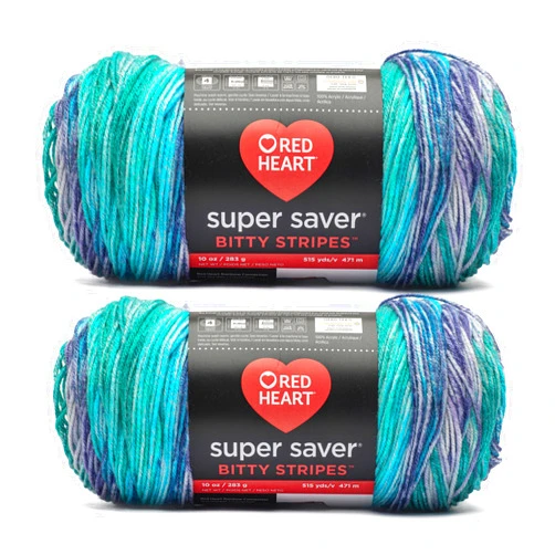 Red Heart Super Saver Bitty Stripe Mermaid Yarn - 2 Pack of 10oz/283g - 100% Acrylic - #4 Worsted (Medium) - 515 Yards - Knitting/Crochet