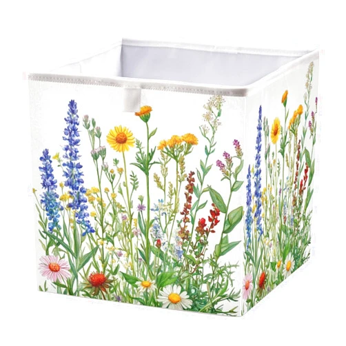 Kigai Wildflowers Cube Storage Basket 11x11 inch Collapsible Fabric Storage Box Closet Organizer Decorative Cube Storage Bin for Nursery Bedroom Office Home