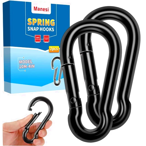 Manesi 2 Pack Black Carbon Steel Carabiner Clip, 4 inch Heavy Duty Spring Snap Hook, Carabiner Clips for Outdoor Camping, Swing, Hammock, Hiking, Fishing, Weight Lifting Machine