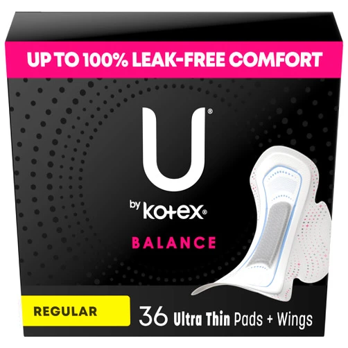 U by Kotex Balance Ultra Thin Pads with Wings, Regular Absorbency, 36 Count (Packaging May Vary)