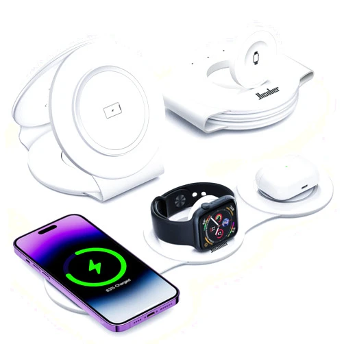 Hicober 3 in 1 Wireless Charging Station for iPhone 15, Magnetic Foldable Travel Charger Station Stand 18W for iPhone 16 15 14 13 12 Pro/Max/Plus/Apple Watch All Series & Airpods