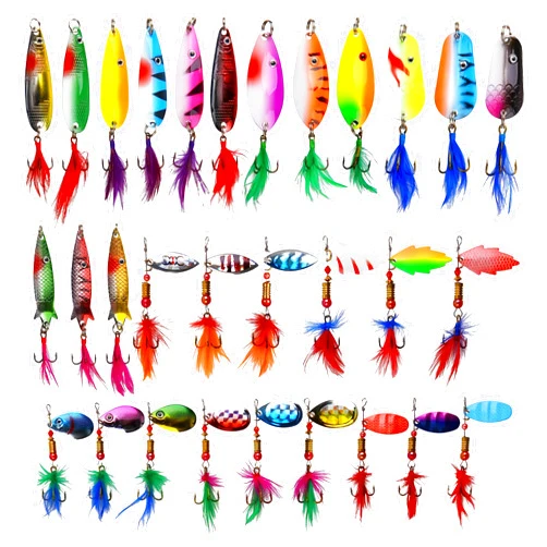 OROOTL Rooster Bait Tail Fishing Lures Kit, 30pcs Spinner Fishing Lures Assortment Metal Spoon Lures with Feathered Treble Hooks Inline Spinnerbaits Trout Lures for Bass Walleye Freshwater Saltwater