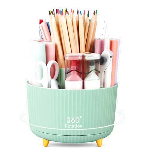 SKYDUE 360 Degree Rotating Desk Organizer, Dual-Purpose Pencil Pen Holder for Desktop, Rotating Desk Pen Organizer with 5 Slots, Pencil Cup for School, Home, Office Supplies (Bean Green)
