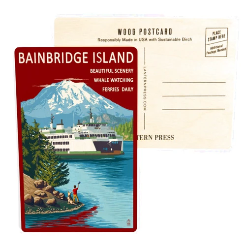 Lantern Press Bainbridge Island, Washington, Ferry and Island (4x6 Birch Wood Postcards, 2-Pack Stationary, Rustic Home Wall Decor)