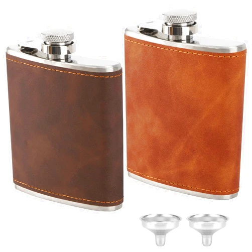 Forysar 2 Pack 6oz Hip Flask with 2 Funnels, 304 Stainless Steel Whiskey Flask with Leather Wrapped Cover, Leak Proof Hip Flask for Men Women Travel Gift (1X Brown, 1X Coffee)