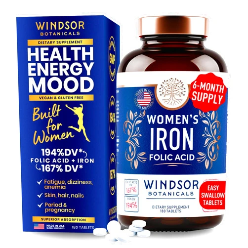WINDSOR BOTANICALS Iron Supplement for Women with Folic Acid - 35mg Gentle Iron, 667mcg Folate Vitamin B9 - Anemia, Period, Pregnancy Support Prenatal Iron Supplements Ferrous Sulfate Pills - 180 Vegan Iron Tablets
