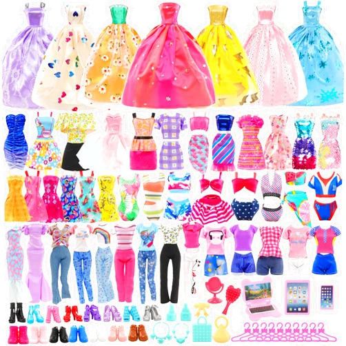 BARWA 57 Pcs Doll Clothes and Accessories Wedding Dresses Gown Fashion Dresses Mini Dresses Outfits Tops Pants Swimsuits Bikini , Hangers Shoes Computer for 11.5 inch Girls Doll