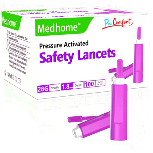 Medhome Pressure Activated Safety Lancets, 100 Count, Sterile, Single Use and Gentle for Comfortable Testing(28 G)