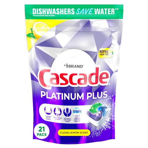Cascade Platinum Plus Dishwasher Pods, Dishwasher Detergent, Dishwasher Soap, Dish Tabs, Dishwashing Tablets, Dish Detergent, Lemon, Actionpacs, 21 Count