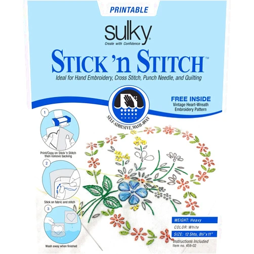 Sulky Stick N Stitch Self Adhesive Wash Away Stabilizer Twelve Sheets of 8-1/2 x 11