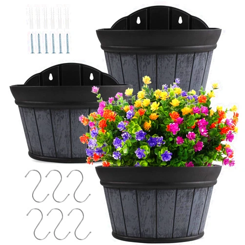 Quarut Large Wall Planter Set of 3 Pack,12 inchs Wall Hanging Planter Distressed Oak,Thickened Plastic Water Storage Flower Pots for Plants Flower Indoor Outdoor Railing Fence Decor(Grey)