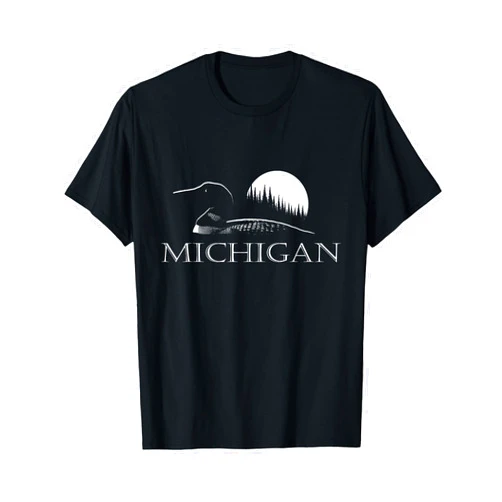Up North Michigan Designs and Gifts Michigan - Loon and Trees in Moonlight T-Shirt