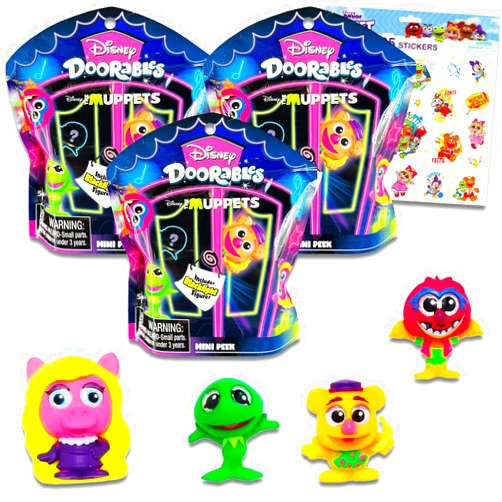 Muppets Doorables Blind Bags - Bundle With 3 Mini Figures for Kids, Adults Plus Stickers | Exclusive Blacklight Figures Series