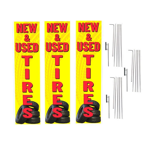 Cobb Promo Three New & Used Tires Advertising Rectangle Boomer Feather Flags Complete Kits with Three Flag Poles and Three Ground Spikes