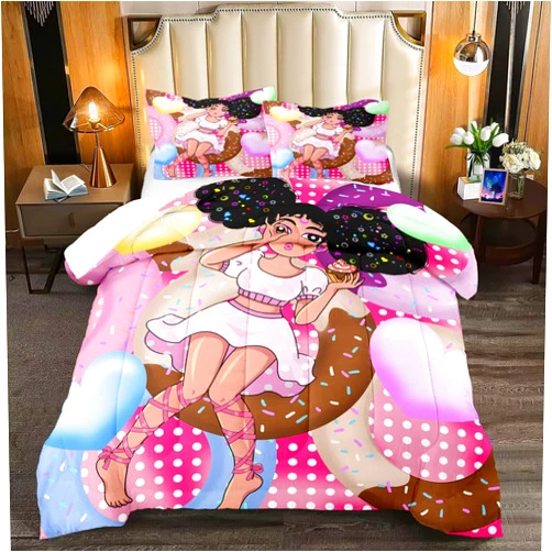 FJKJHKGJ African American Girl Comforter Set Black Girl Comforter Set Princess Bedding with Donut Girl Prints Kids Comforter Sets Gifts for Girls Bedroom Decor Pink Full Size Quilt Sets with 2 Pillowcases