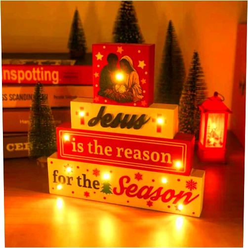 GPGHE Black Santa - Led African American Christmas Decorations Jesus Is The Reason For The Season Nativity Scene Christian Wooden Sign for Table Religious Home Office Decor 9 × 9 Inch