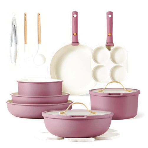 CAROTE 19pcs Pots and Pans Set, Nonstick Cookware Set Detachable Handle, Induction Kitchen Cookware Sets Non Stick with Removable Handle, RV Cookware Set, Gold and Purple