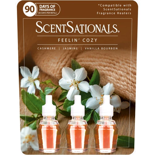 Scentsationals Fragrance Oil Plug In Air Freshener Refills 3-Pack - Feelin' Cozy - Works with Scentsationals Wall Plugs, Long-Lasting Home Fragrance, 0.8 fl oz Each, Packaging May Vary