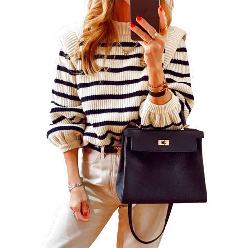 PRETTYGARDEN Women's Sweaters Casual Long Lantern Sleeve Crewneck Ribbed Knit Pullover Striped Jumper Tops Blouse