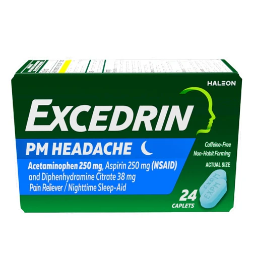 Excedrin PM Pain Reliever and Nighttime Sleep-Aid Caplets for Headache Relief – 24 Count
