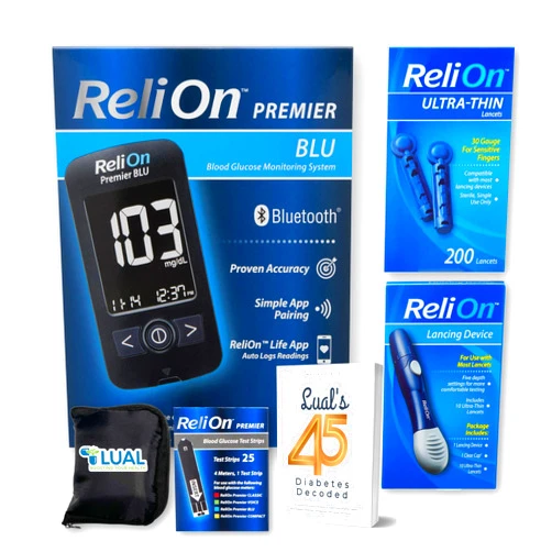 LUAL ReliOn Premier Blu Kit Complete Diabetes Care Kit: ReliOn Essential Tools | Blood Glucose Monitor Kit | BLUETOOTH Glucose Monitor Kit Bundle with Lual's 45 Diabetes Decoded