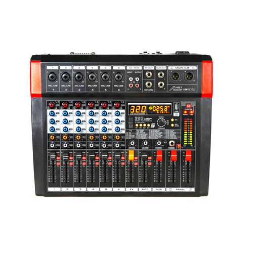 AUDIO 2000'S Audio2000'S AMX7372 Six-Channel Audio Mixer with 320 DSP Sound Effects, Stereo Sub Out with Sub-Out Level-Control Fader, Level-Control Faders on All Channels, and USB/Computer Interface