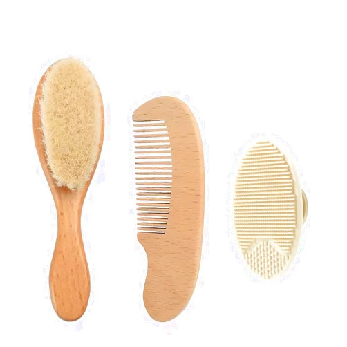 PandaEar 3 Pack Baby Brush and Comb Set Newborn, Silicone Cradle Cap Brush for Babies, Soft Newborn Hair Brush with Soft Goat Bristles, Wooden Toddler Comb Hairbrush Set for Boys and Girls