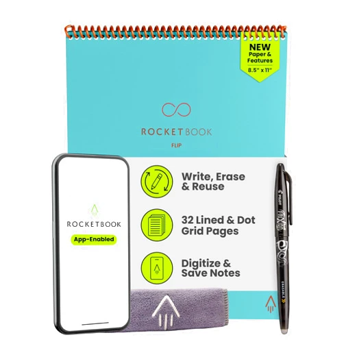 Rocketbook Flip Reusable Smart Notepad, Top Bound Spiral Notebook Lined and Dotted Pages Letter Size 8.5x11, Premium, Teal (Pack of 1)