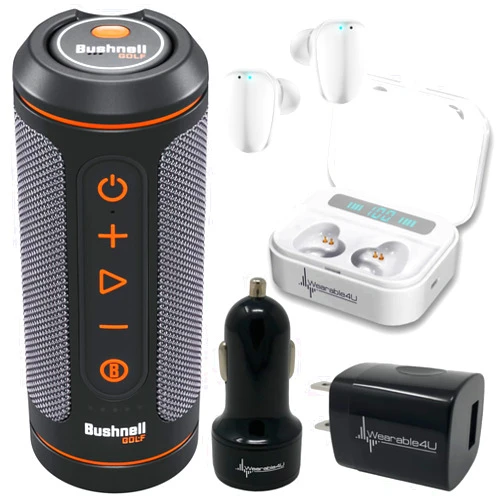 Wearable4U Bushnell Wingman 2 GPS Golf Speaker with White Earbuds +Wall/Car Adapters Bundle