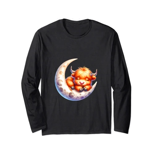 Cute Baby Highland Cow Sleeping on the Moon Heifer Farm Long Sleeve T-Shirt