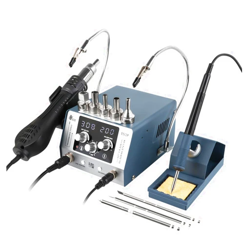 HengTianMei 120W Soldering Iron Station 2-IN-1 SMD Hot Air Rework Station with 2 Helping Hands, 3 Soldering Tips, 5 Hot Air Nozzles, Sleep Mode, Fast Heating, 392℉-932℉, for Electronics PCB Repair