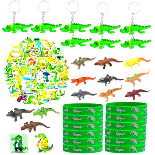 HEMYTAP 86 Pcs Crocodile Party Favors Include Silicone Wristbands, Keychains, Alligator Toy and Vinyl Stickers for Kids Reptile Party Supplies Crocodile Birthday Party Decorations