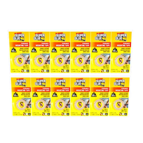 The Original Super Glue Corporation Permanent Mounting Tape, Double-Sided, 20 lb Strength, Pack of 12 Rolls, White