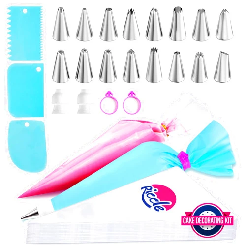 Riccle Piping Bags and Tips Set, 11.8 Inch 100 Anti Burst Piping Bags, 124 Pcs Cake Decorating Kit with 16 Piping Tips, 1 Reusable Pastry Bags, 3 Cake Scrapers, 2 Couplers, and 2 Icing Bags Ties