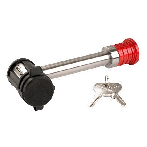 Master Lock Silver and Red Receiver Lock, Stainless Steel Barbell™ Hitch Pin Lock, Fits 5/8 in. Receivers, Weather Resistant Automotive Receiver Lock, 1469DAT