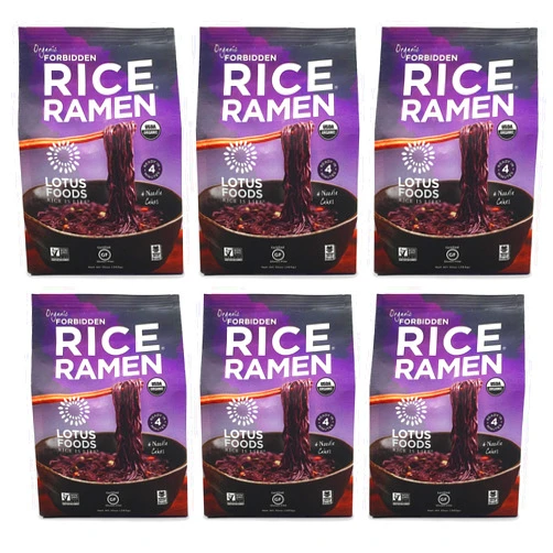 Lotus Foods Organic Forbidden Rice Ramen Noodles - Gluten Free Instant Ramen Noodles, Vegan, Low Sodium, Made with Black Rice Flour, Brown Rice Flour, White Rice Flour - 10 Oz Bags (Pack of 6)