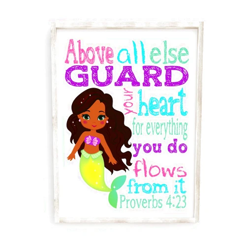 Pixie Paper African American Ariel Mermaid Christian Princess Nursery Decor Unframed Print Above all else Guard your Heart Proverbs 4:23