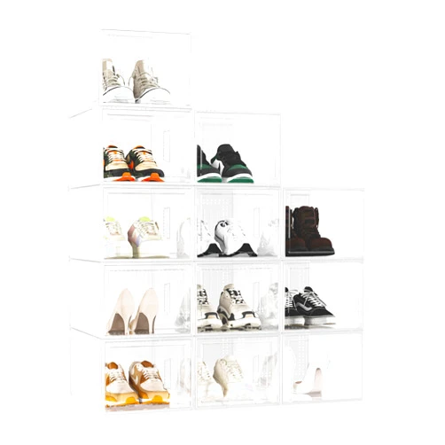 ZZCZZ X-Large Shoe Storage Boxes 12 Pack, Shoe Organizer for Closet, Clear Plastic Substitute Shoe Rack Foldable Durable, Fit for Women/Men High-top shoes, white clear
