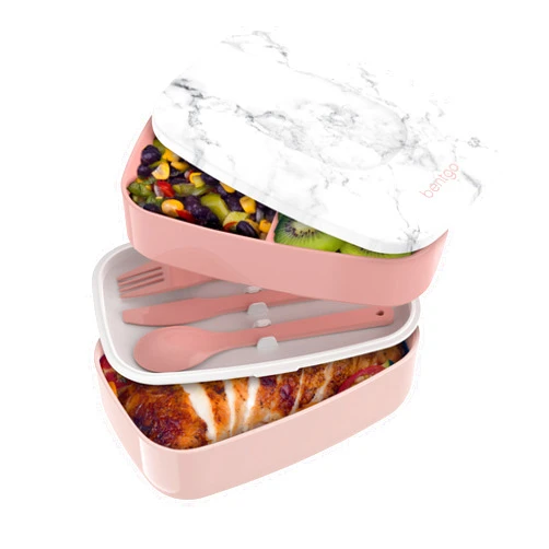 Bentgo® Classic - Adult Bento Box, All-in-One Stackable Lunch Box Container with 3 Compartments, Plastic Utensils, and Nylon Sealing Strap, BPA Free Food Container (Blush Marble)