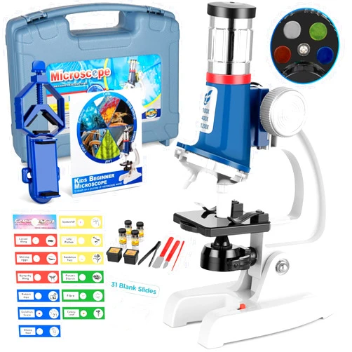 Uarzt 58-pcs Microscope Kit for Kids 5-7 8-12, 100X-1200X Kids Microscope with Metal Body Microscope, Carrying Box, LED Light, Science Experiments Kit Toys for Kids 3-5 6 7 8 9 10 Birthday Gift
