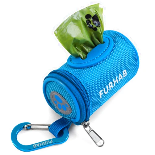 FURHAB Dog Poop Bag Holder for Leash Doggie Waste Bag Dispenser Soft Fabric Puppy Potty Carrier Small Doggy Zipper Pouch with Carabiner Clip 1680D Nylon Oxford with 1 Roll of Pet Trash Bags, Sky Blue