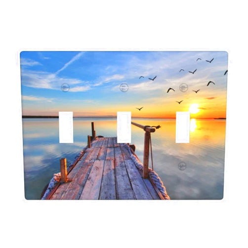 MOYMTEP Socket Covers For Outlets 3-Gang Toggle Beach Sunrise Birds Triple Light Switch Cover Plate Decorative Receptacle Wall Plate Electrical Outlet Covers For Home Kitchen Bathroom