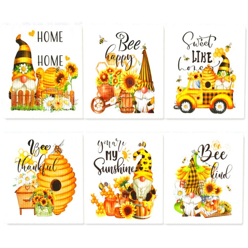 Cunhill 6 Pcs Swedish Kitchen Dish Cloths Kitchen Towels Reusable Sponge Cleaning Cloths Wipes Absorbent Dish Cloth Quick Drying Washable Decorative Tea Towels No Odor Bar Hand Towel (Bee)