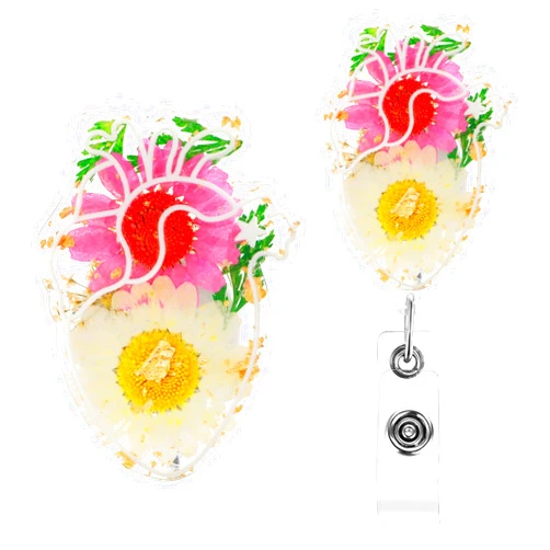Andibro Cardiac Dried Flower Badge Reel, with Alligator Clip, Retractable Heart Nurse Badge Reel Holder Cute Floral ID Badge Clip Resin Name Tag Clip Funny Accessories for Nurses Nursing Student(A)