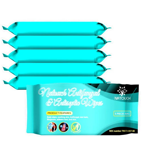 Natouch Antifungal Body Wipes, 30 Counts(6 Packs of 5) Travel Wipes, Non-Toxic Skin Camp Wipes Help Athletes Foot, Jock Itch, Ringworm. Rinse Free Gym Wipes for Wrestling, Martial Arts