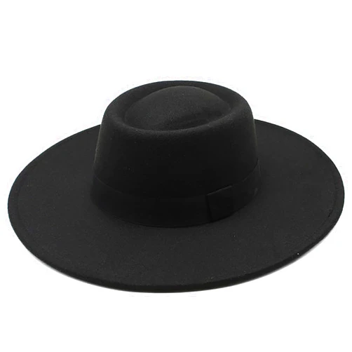 Mawjom Wide Brim Panama Fedora Hat - Warm Felt Flat Top Pork Pie Cap for Women Men (Size:M/L)
