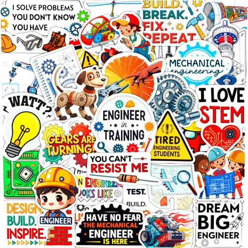 BulbaCraft 100Pcs Engineering Stickers for Laptop, for Water Bottle - Engineering Gifts & Party Supplies - Engineer Stickers - Gift for Women & Men
